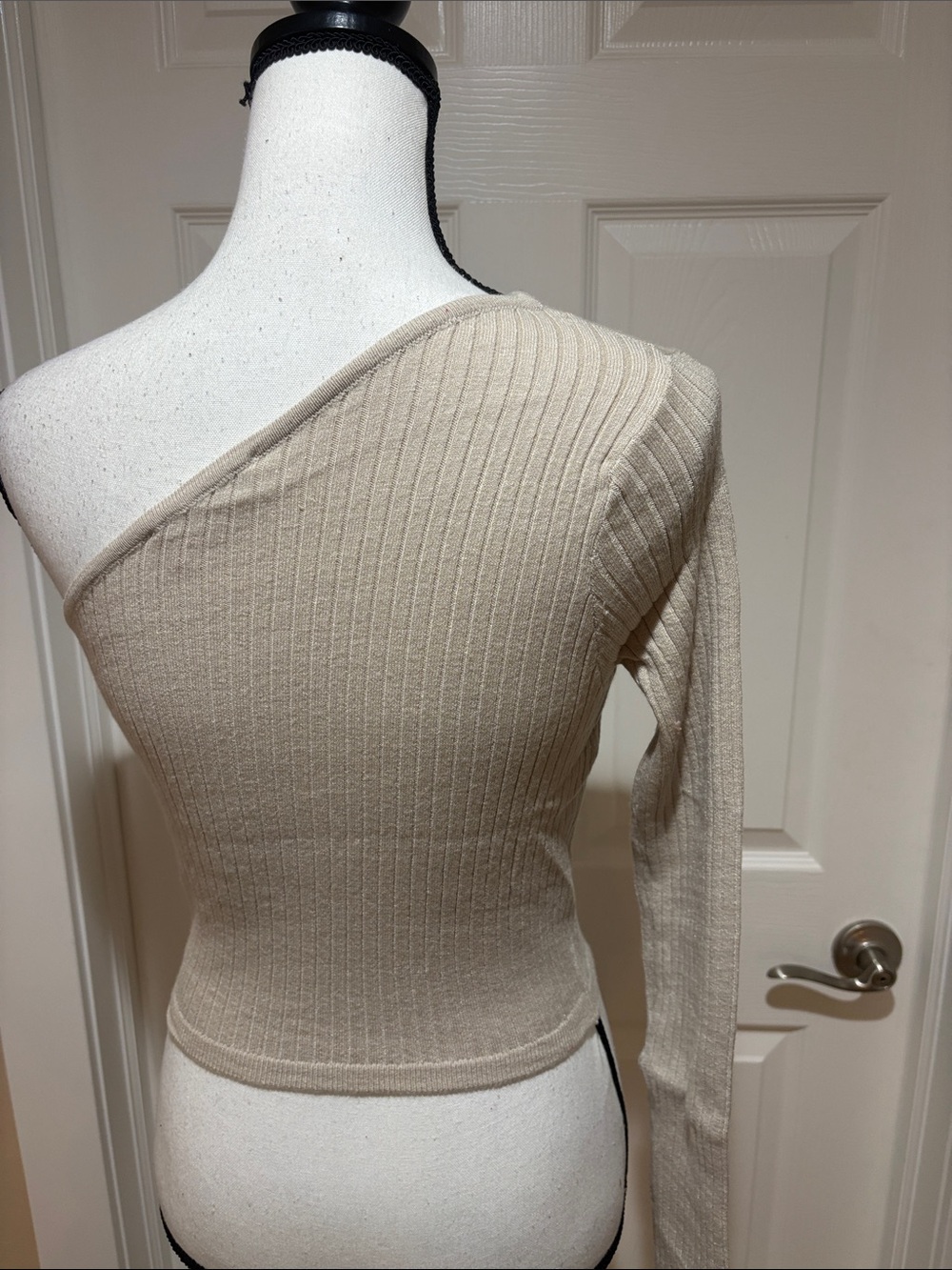 One-Shoulder Ribbed Sweater Top - Beige - Picture 3 of 5